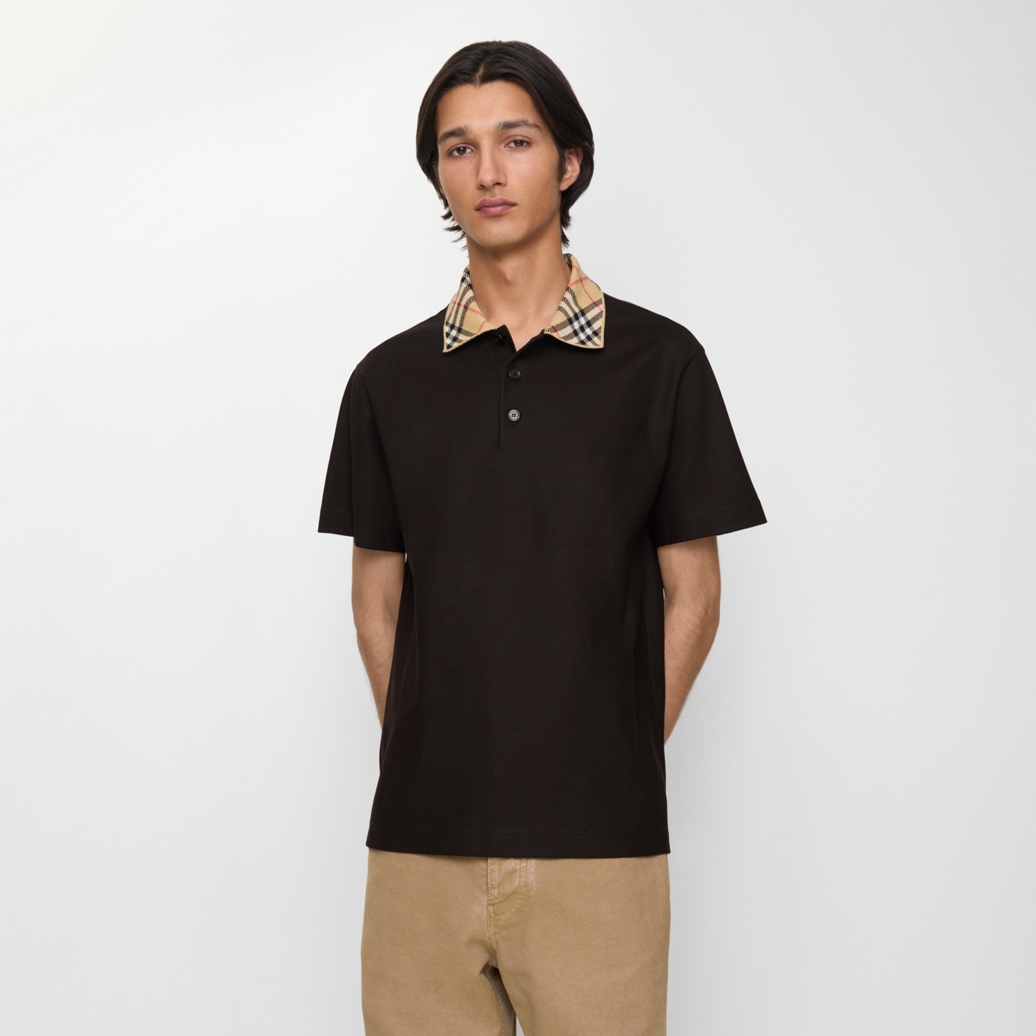 チェックカラー コットンポロシャツ (クローブブラウン) - メンズ