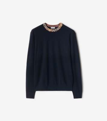 Check Trim Wool Sweater in Navy - Men | Burberry® Official