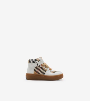 Check and Leather High-top Sneakers in Sand - Children | Burberry