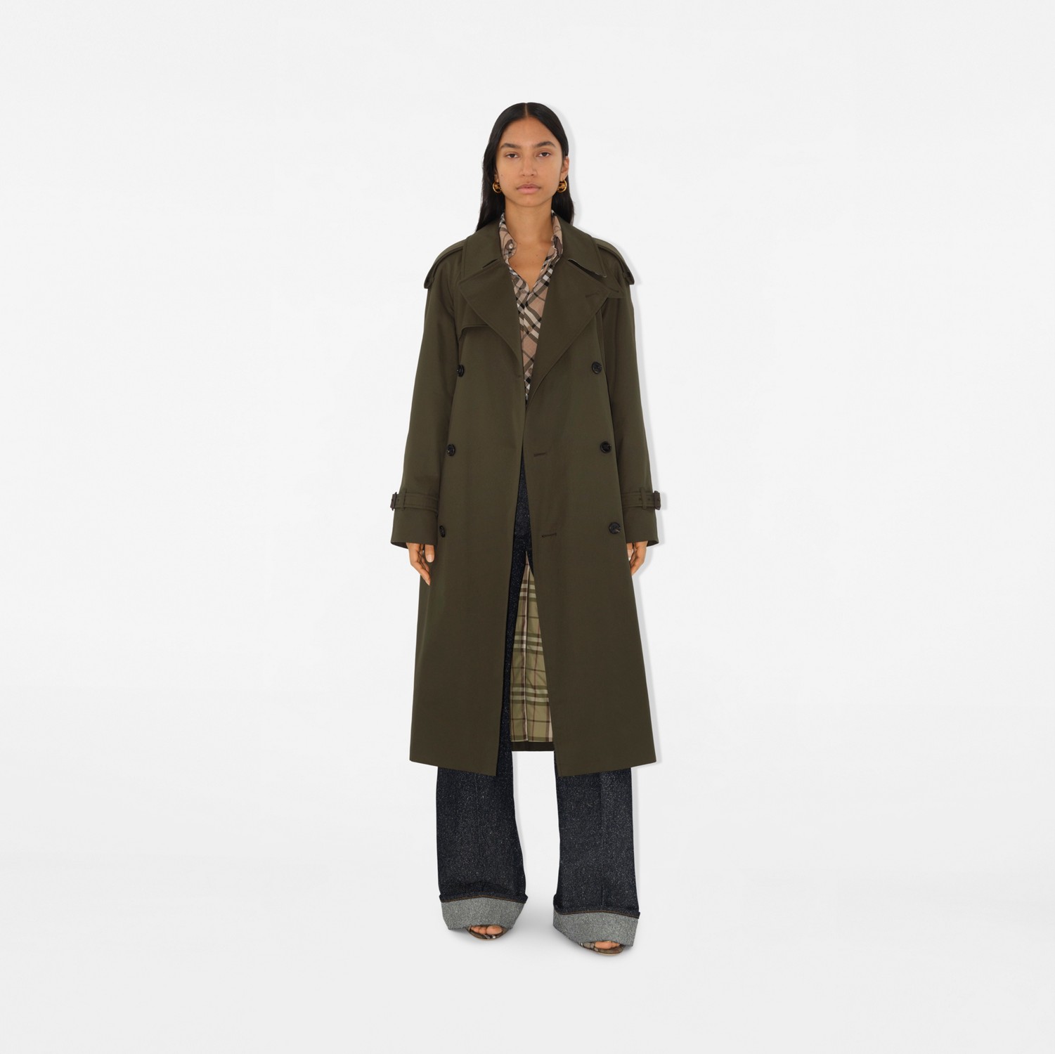 Long Castleford Trench Coat in Juniper - Women, Cotton Gabardine