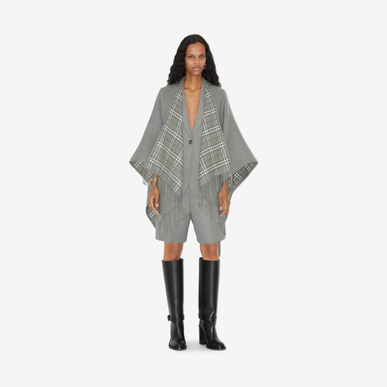 チェック ウール リバーシブル ケープ (グレー) | Burberry®公式サイト