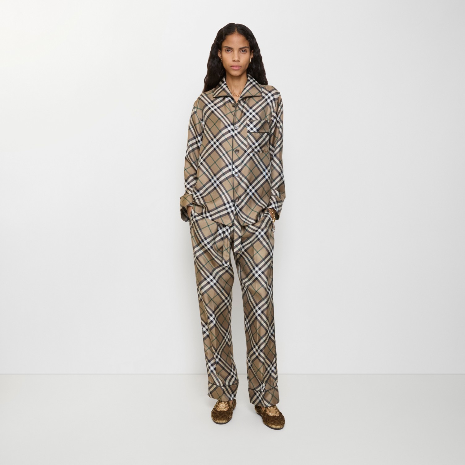 Check Silk Pyjama Trousers in Linden beige - Women | Burberry