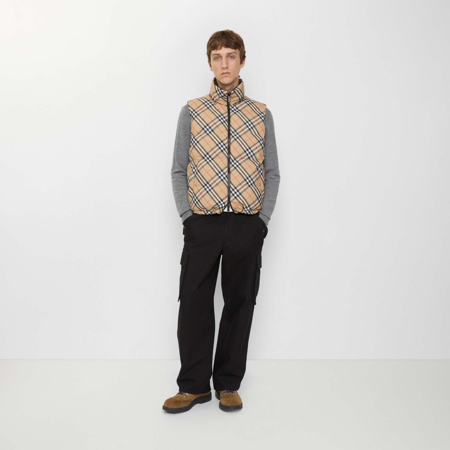 リバーシブル チェック ダウンベスト (サンドベージュ) - メンズ