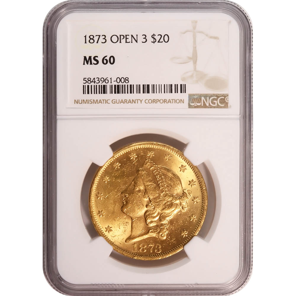 Certified US Gold $20 Liberty 1873 Open 3 MS60 NGC - Golden Eagle