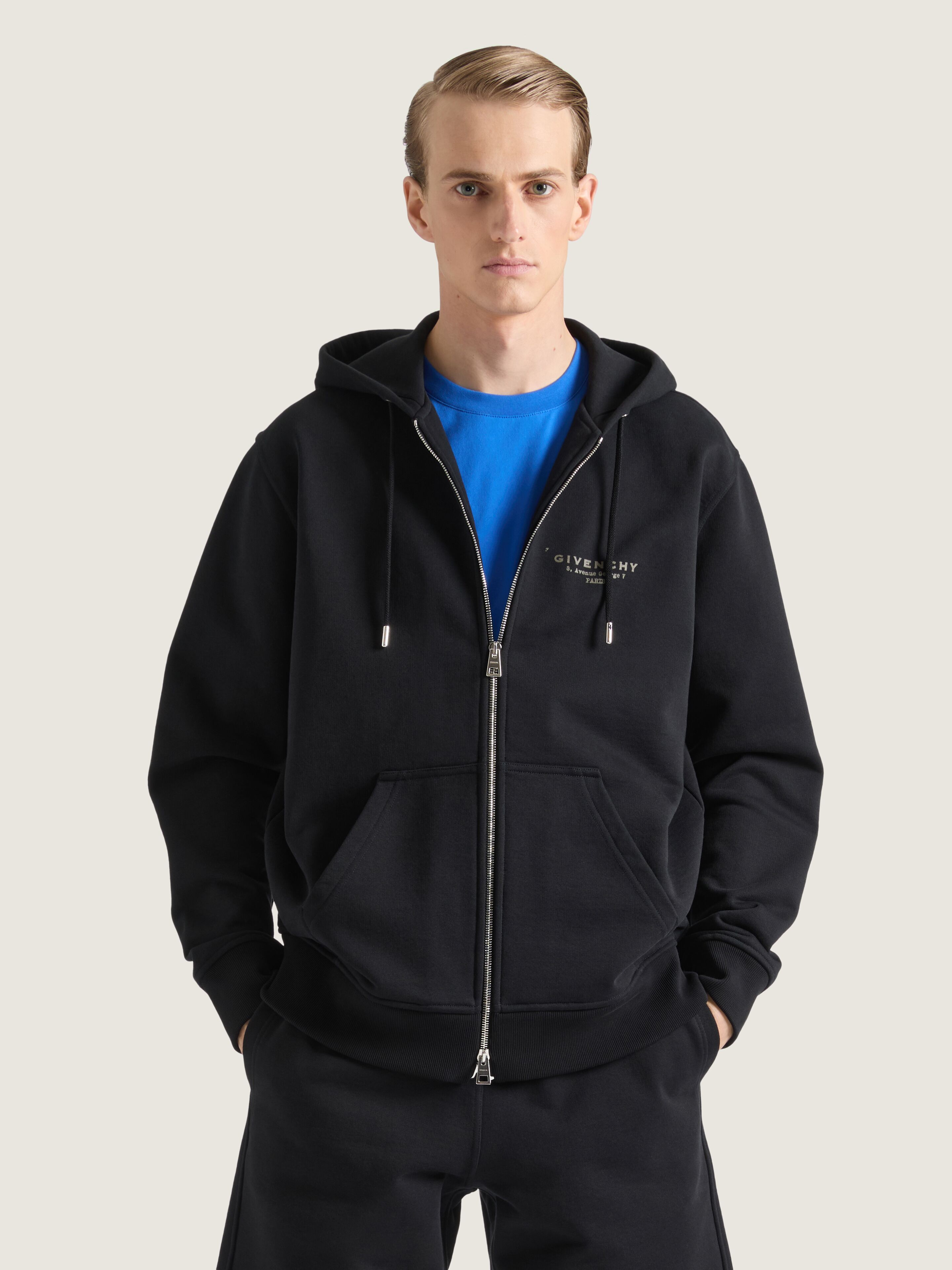 Zipped hoodie in fleece with GIVENCHY Stamp print - black in