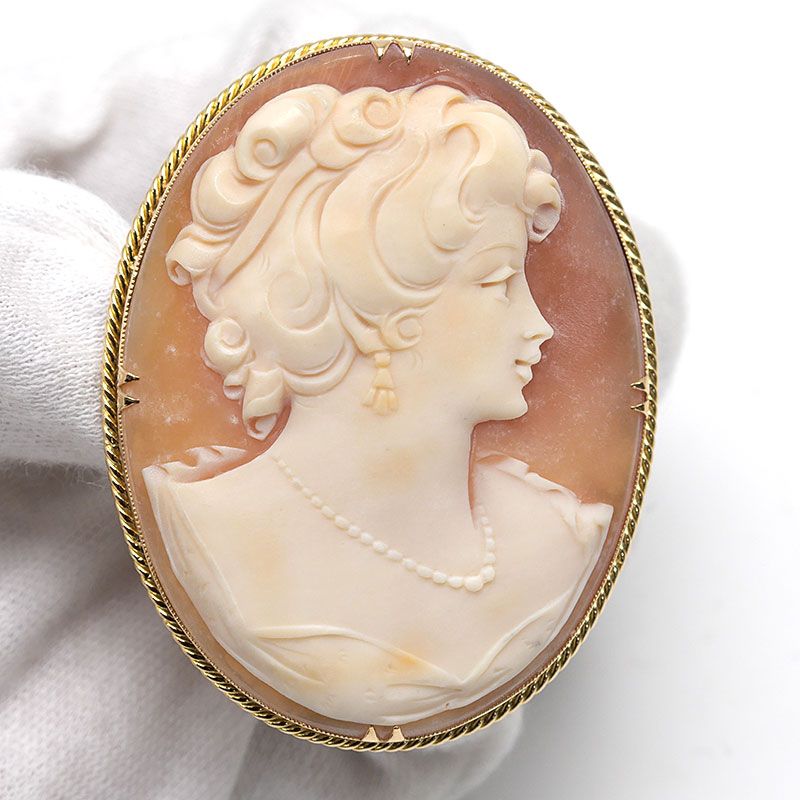 750刻印】K18 天使 シェルカメオ ブローチペンダント18金枠