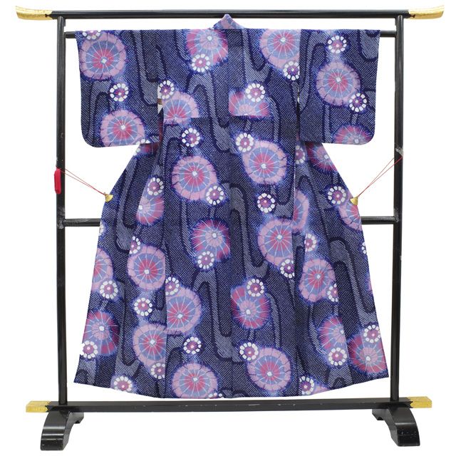 中古】 すごい値！ 本場有松鳴海絞り 浴衣 リサイクル ゆかた 紺 藍色