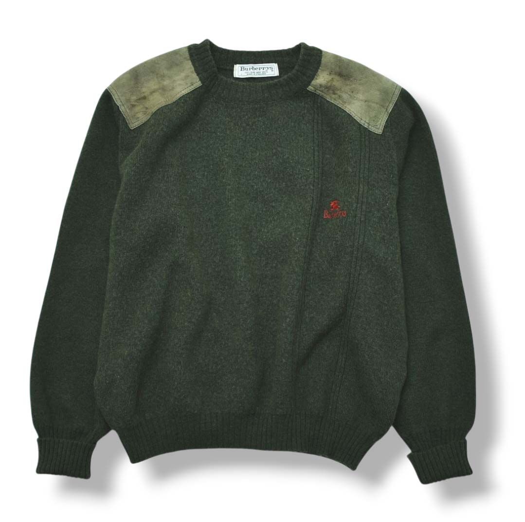 90s 英国製 バーバリー ショルダー エルボーパッチ ニット セーター L