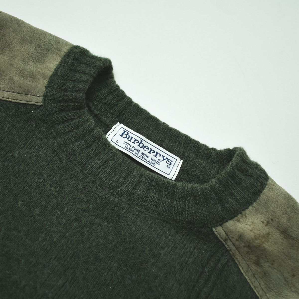 90s 英国製 バーバリー ショルダー エルボーパッチ ニット セーター L