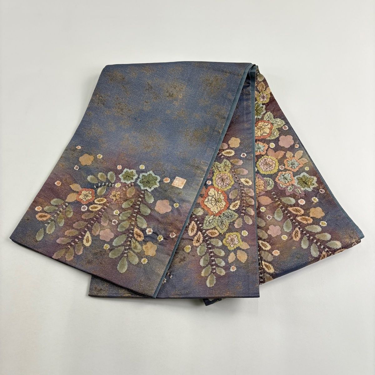 美品】 袋帯 名品 落款 辻が花 金通し 青紫 お太鼓柄 正絹 【中古