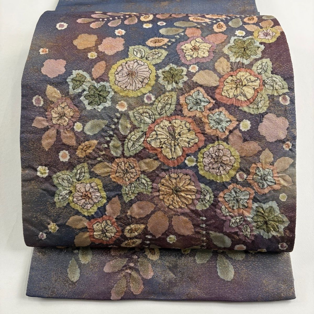 美品】 袋帯 名品 落款 辻が花 金通し 青紫 お太鼓柄 正絹 【中古