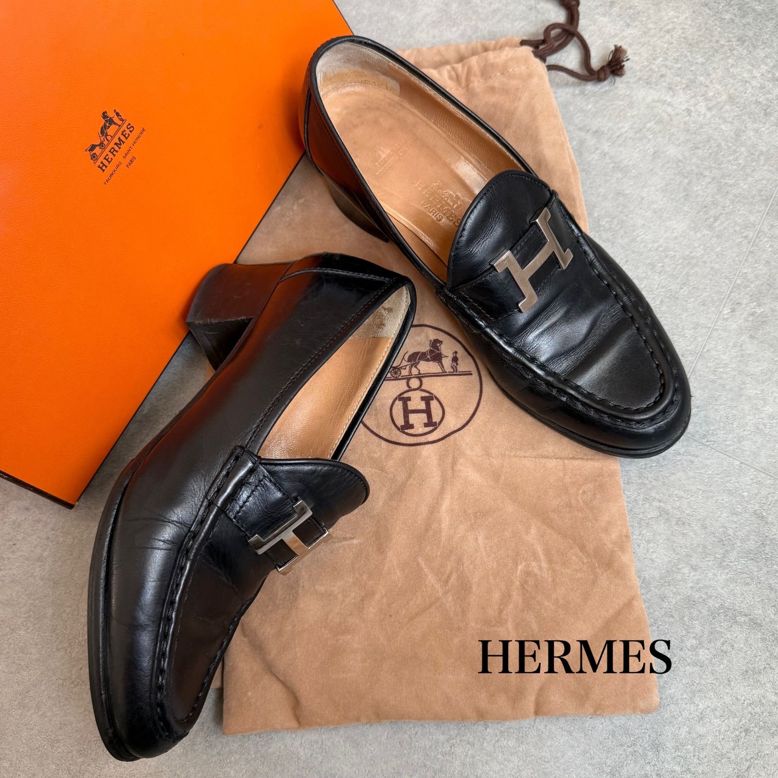 HERMES エルメス ローファー Hロゴ 革靴 コンスタンス レザー ブラック