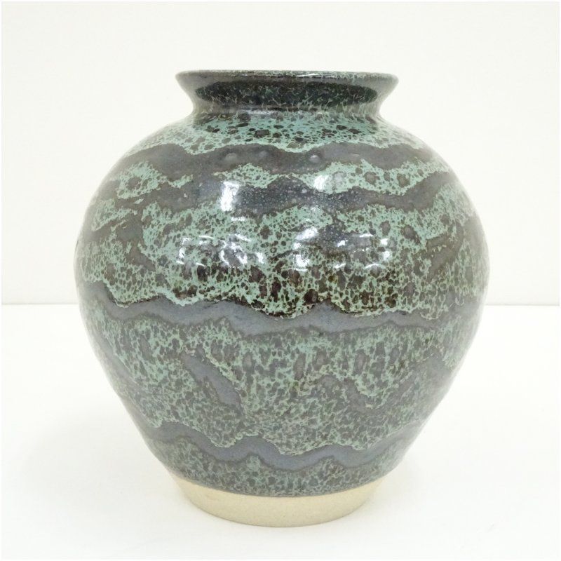 益子焼 中村文昌造 緑彩油滴抜文壷（共箱） 壺 おしゃれ つぼ
