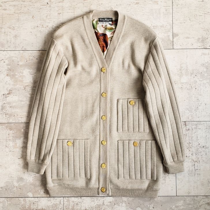 フェラガモ ☆ ヴィンテージ リバーシブル ウール カーディガン 総柄