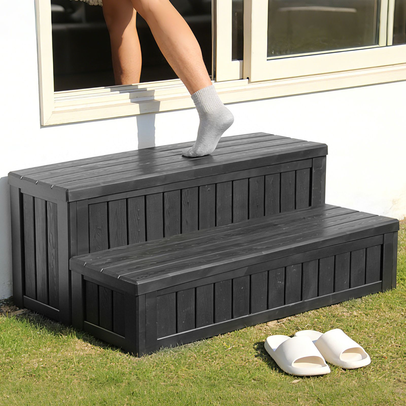 屋外収納ボックス 踏み台タイプ 組み立て簡単 樹脂製 木目調 W93*D57