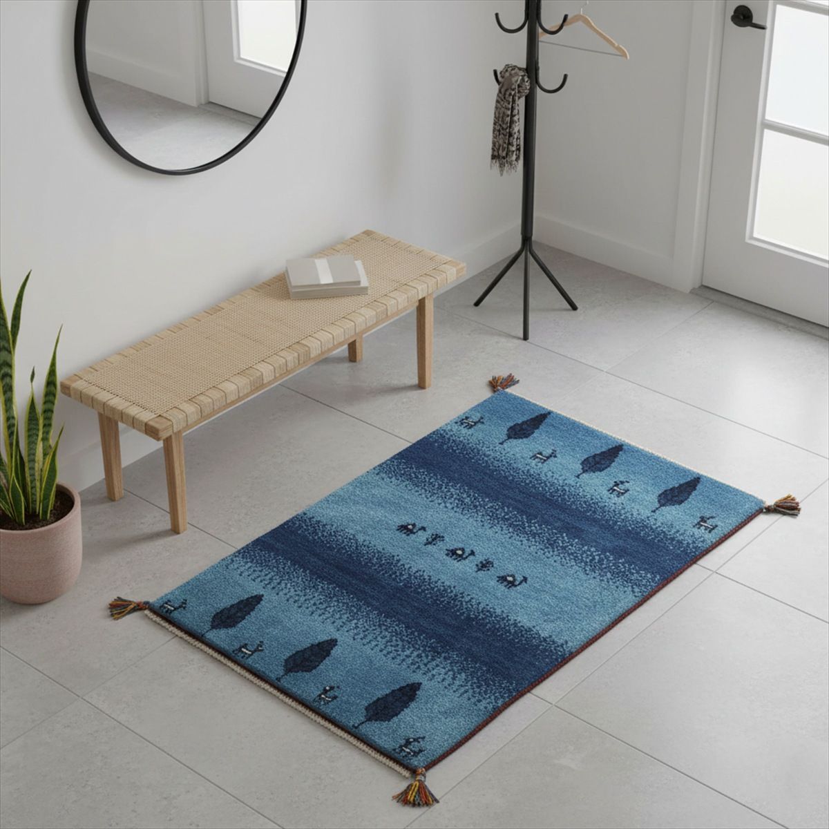 年末キャンペーン】ペルシャ ギャッベ 玄関 90×63 藍色 ザクロの木