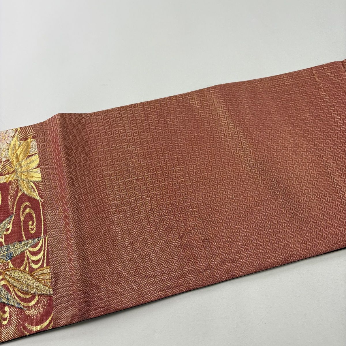 在庫一掃】 袋帯 美品 秀品 竹 梅 金銀糸 箔 茜色 六通 正絹 【中古