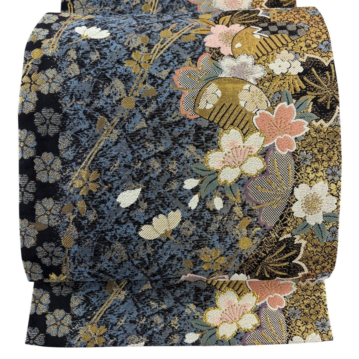 美品】 袋帯 秀品 やまと 桜 櫛 箔 金糸 青灰色 六通 正絹 【中古