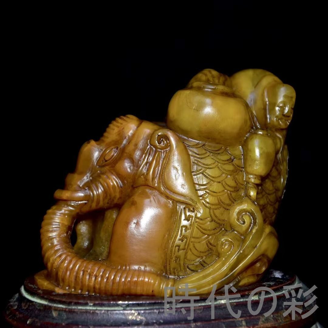 旧蔵 田黄石 古獣置物】老木箱付 寿山石 林皋作 丁卯年 中国古美術