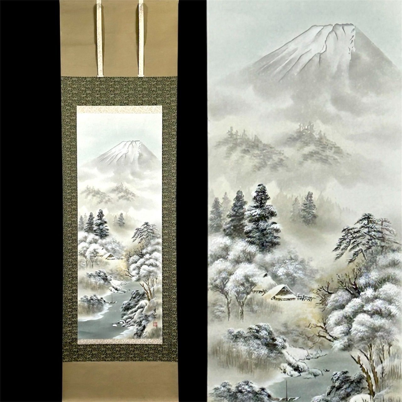 幽玄】時代真作保証和田寿山 肉筆掛軸 風景画 楼閣山水 雪景色 落款
