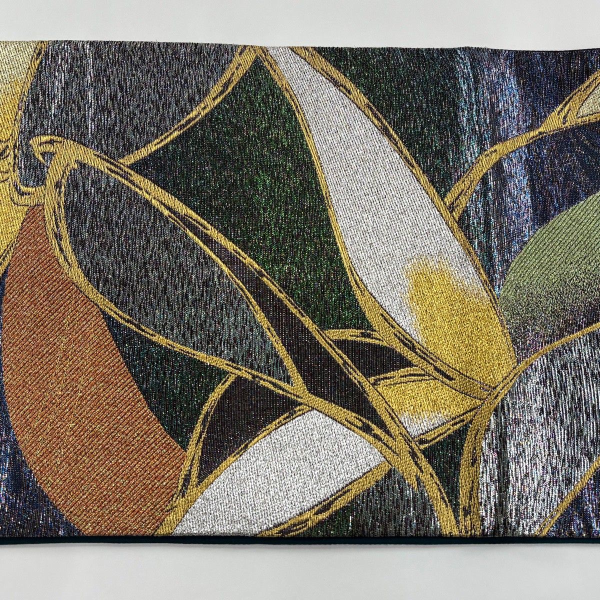 美品】 袋帯 秀品 煌彩架 振袖向き 草花 幾何学模様 箔 金銀糸 青緑 六