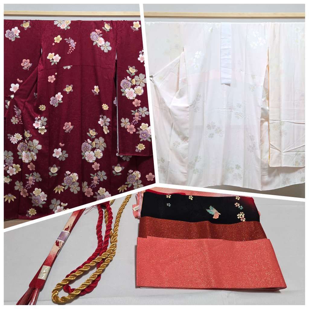 I◇着物くつろぎ 振袖・襦袢・小物セット 桜の花模様 金彩 金駒刺繍 赤