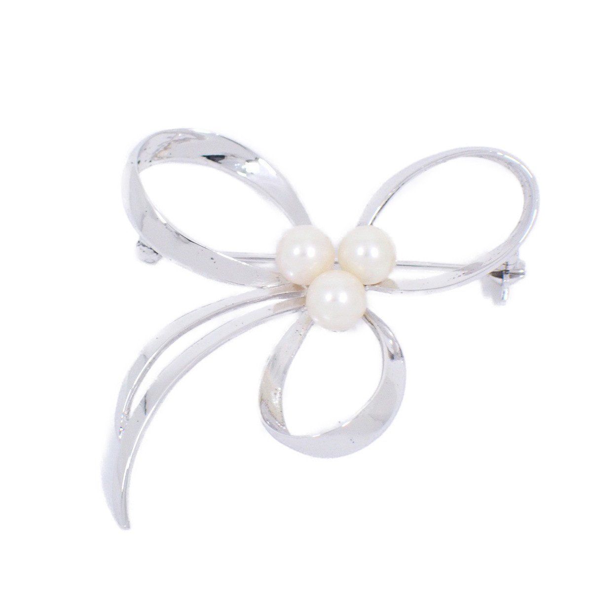 MIKIMOTO ミキモト リボンモチーフ ブローチ シルバー/パール3粒【い