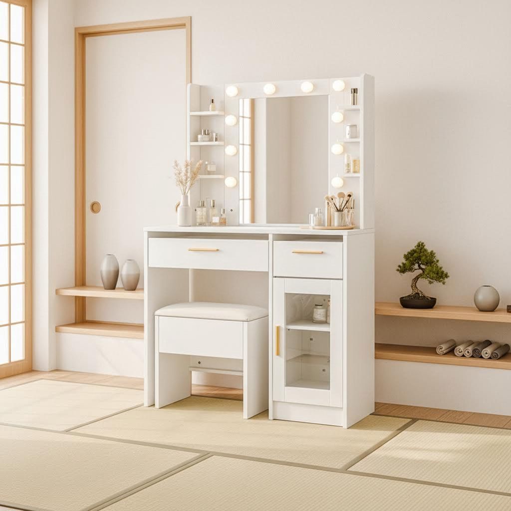 数量限定セール」ドレッサー LEDミラー付き 強化ガラス天板 2段