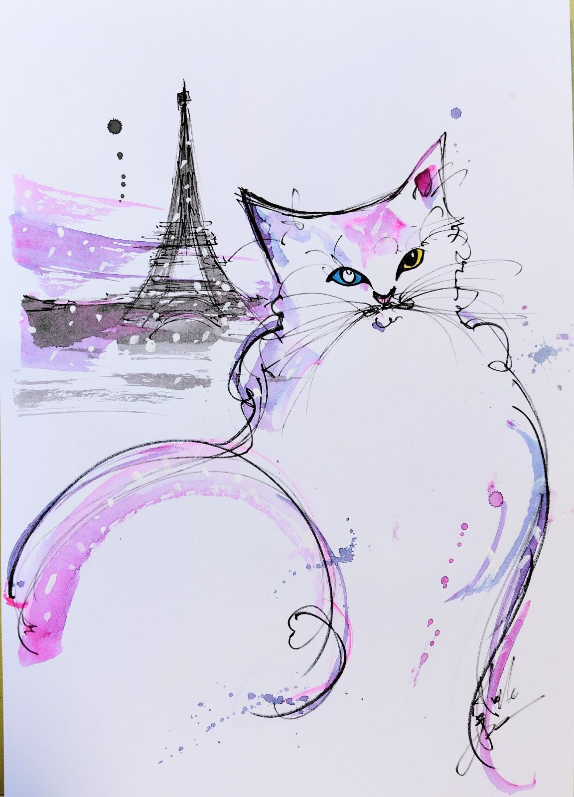 原画#366 猫 雪 エッフェル塔 パリ フランス 水彩画 ドローイング