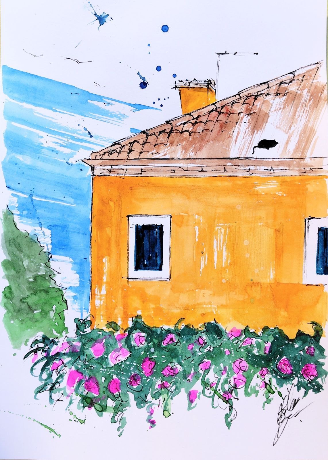 原画#367 黒猫 猫 ベネチア イタリア 水彩画 ドローイング インテリア