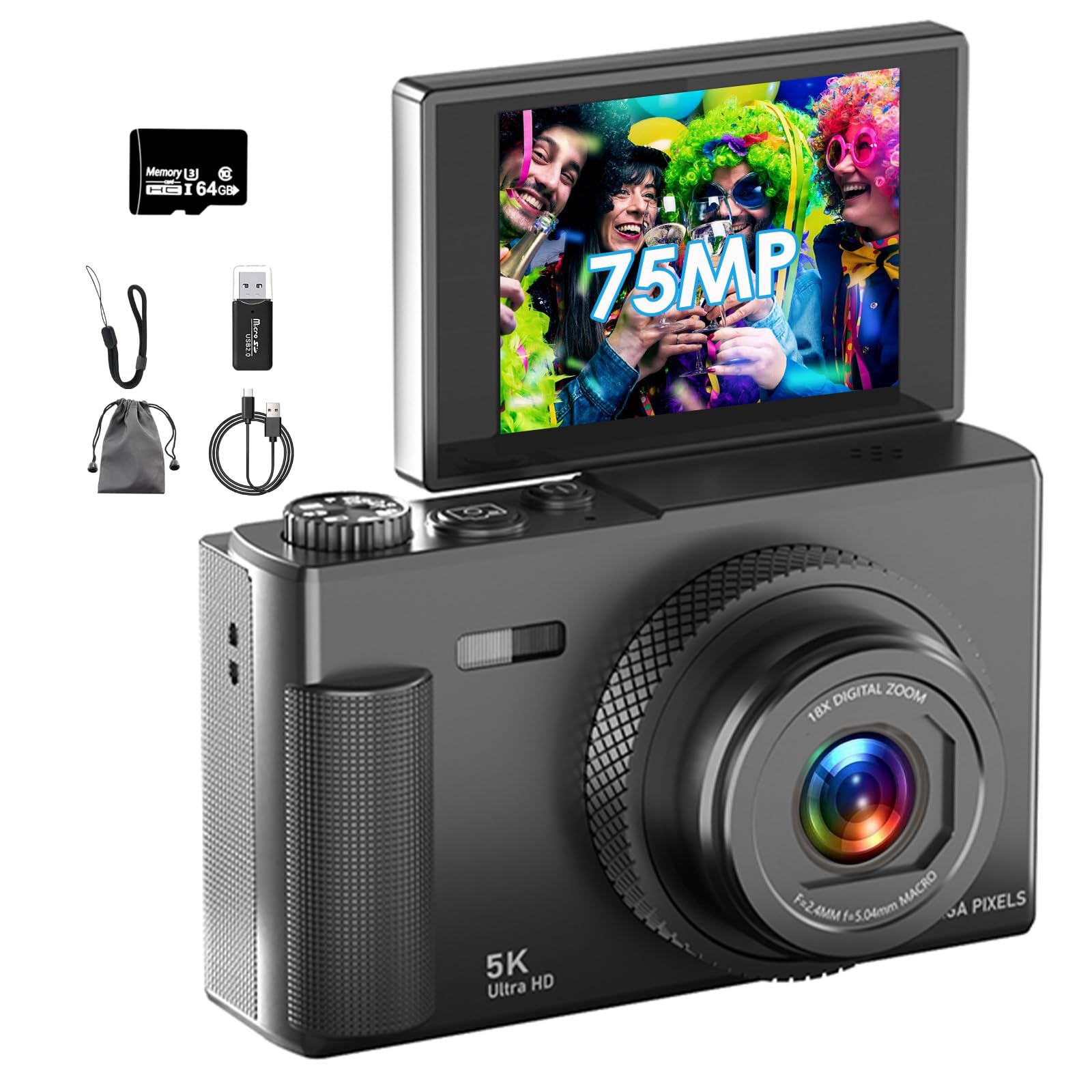 迅速に発送】デジカメ【5K動画撮影 7500万画素 180°フリップスクリーン