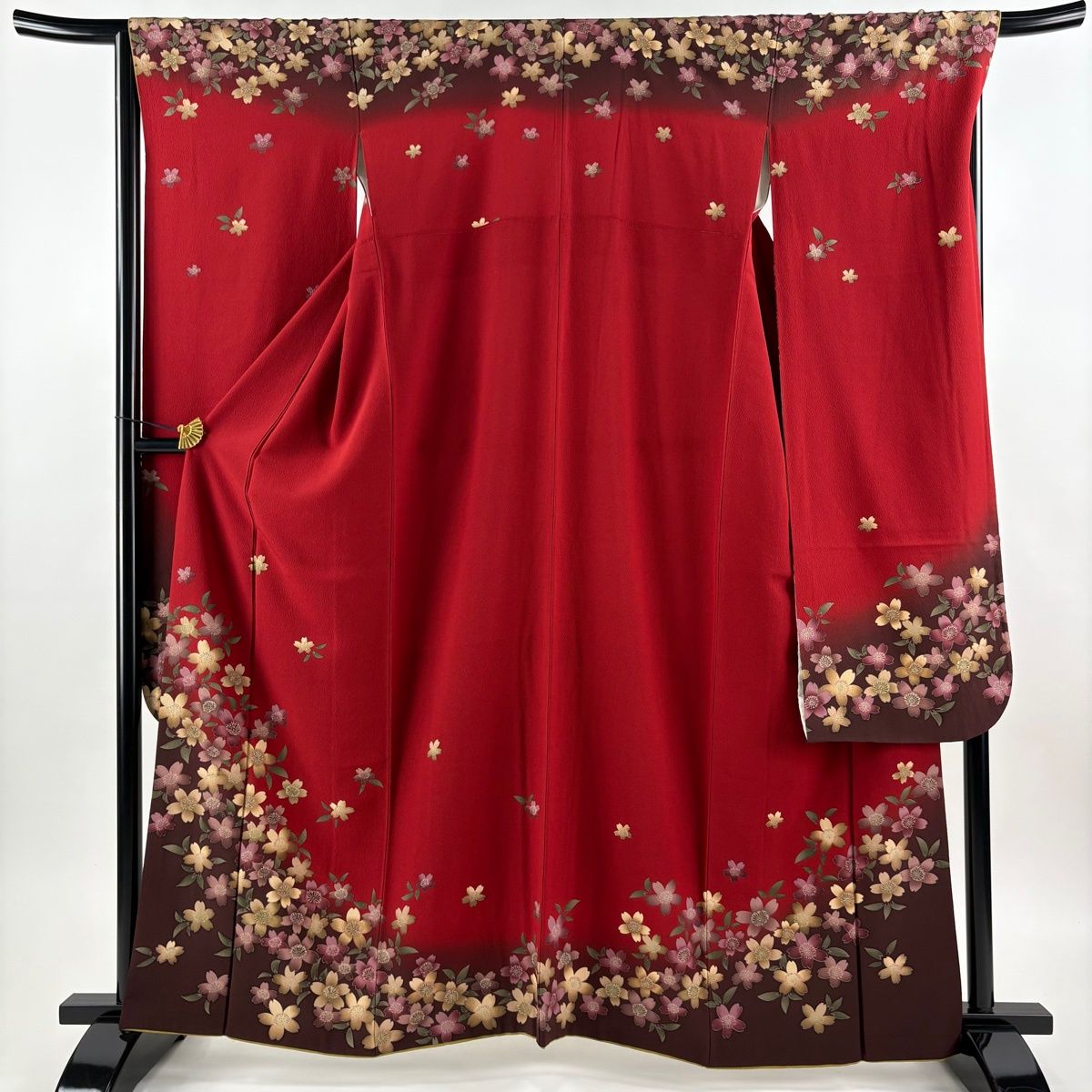 振袖 身丈163cm 裄丈67cm M 袷 鈴乃屋 桜 染め分け 赤 正絹 秀品