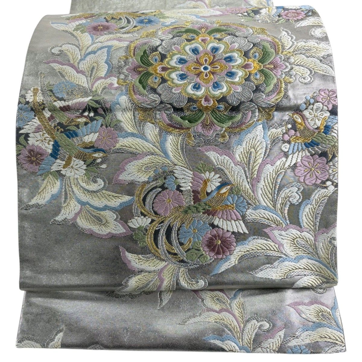 袋帯 秀品 彫装飾唐草麗華文 振袖向き 華文 花鳥 箔 金銀糸 銀色 六通