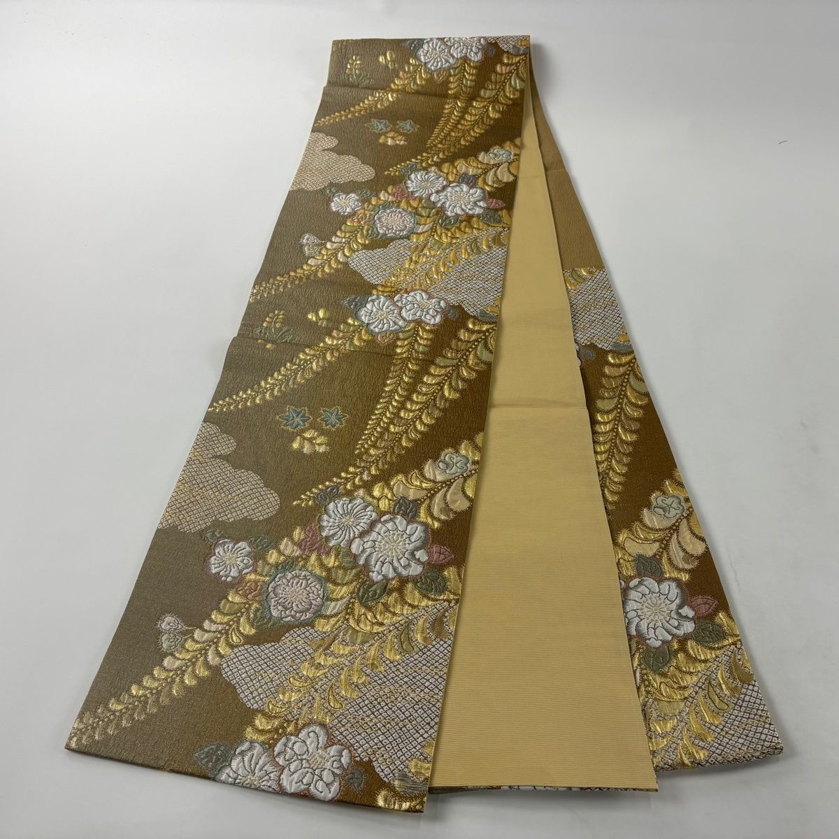 美品】 袋帯 秀品 辻が花 雲文 箔 金糸 茶色 六通 正絹 【中古