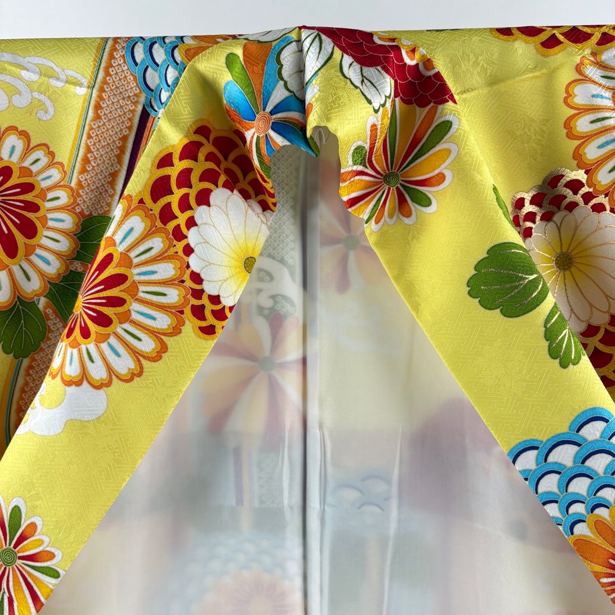 美品】 振袖 身丈168cm 裄丈71.5cm L 袷 袋帯フルセット 波頭 菊 金糸