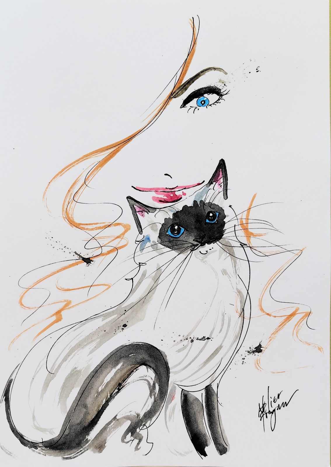 原画#379 女性画 猫 水彩画 ドローイング インテリア アート イラスト