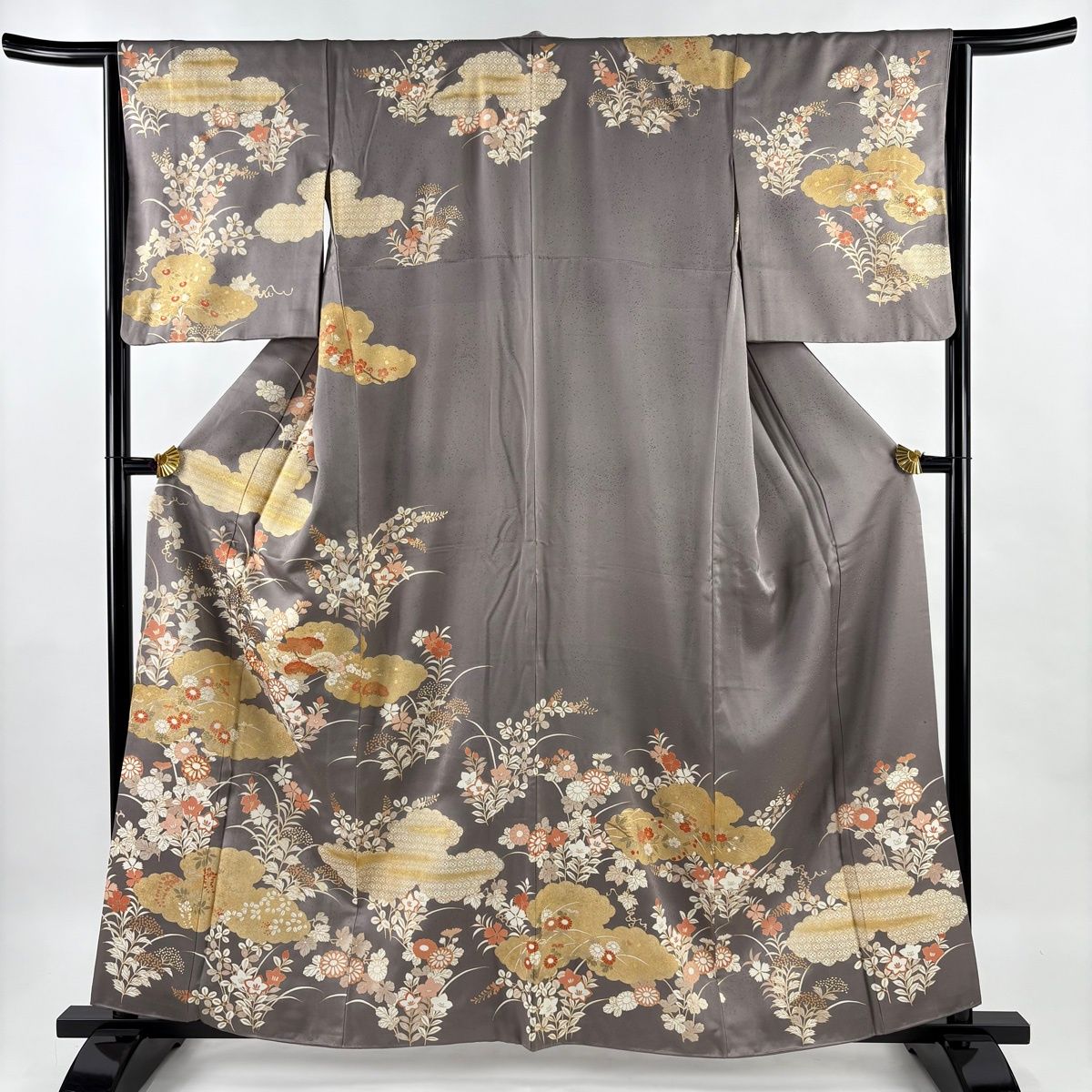 訪問着 身丈161cm 裄丈65cm M 袷 雲文 秋草 金糸 金彩 灰紫 正絹 秀品