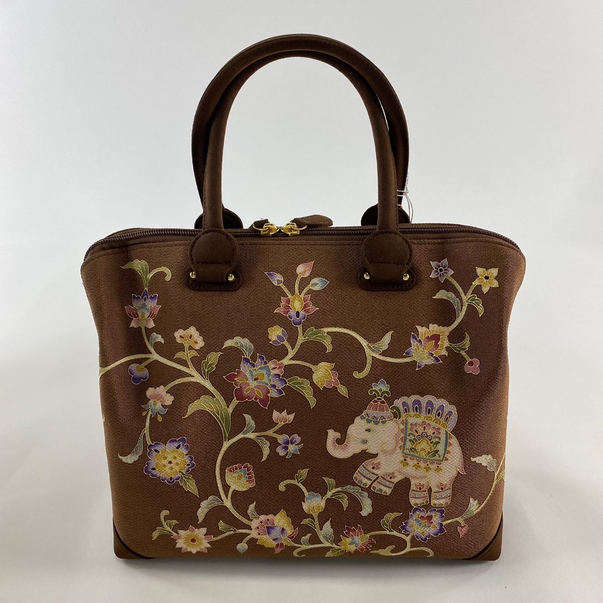 和装バッグ 美品 逸品 OKAJIMA 共箱付き 象 花唐草 金彩 茶色 正絹