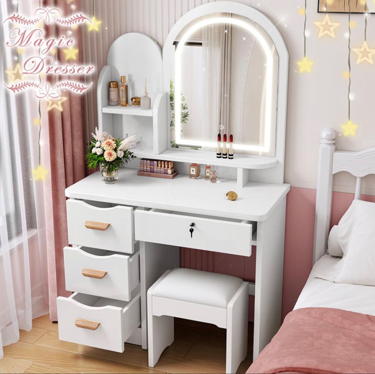 限定セール』新品ドレッサー ☆北欧風 鏡台 化粧台 LED三色変更