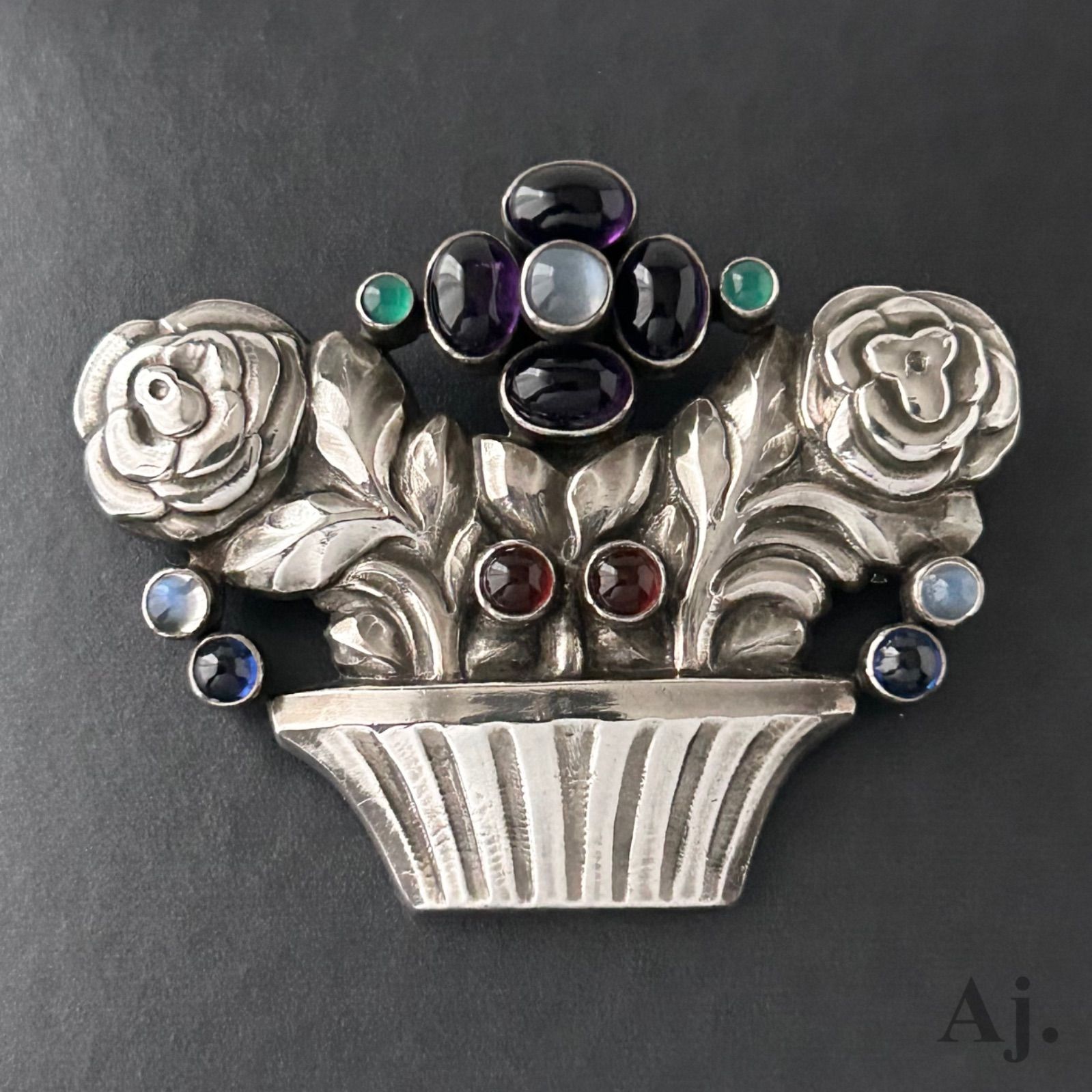 使用感大】ジョージジェンセン ブローチ 67 花かご AG925 Georg Jensen