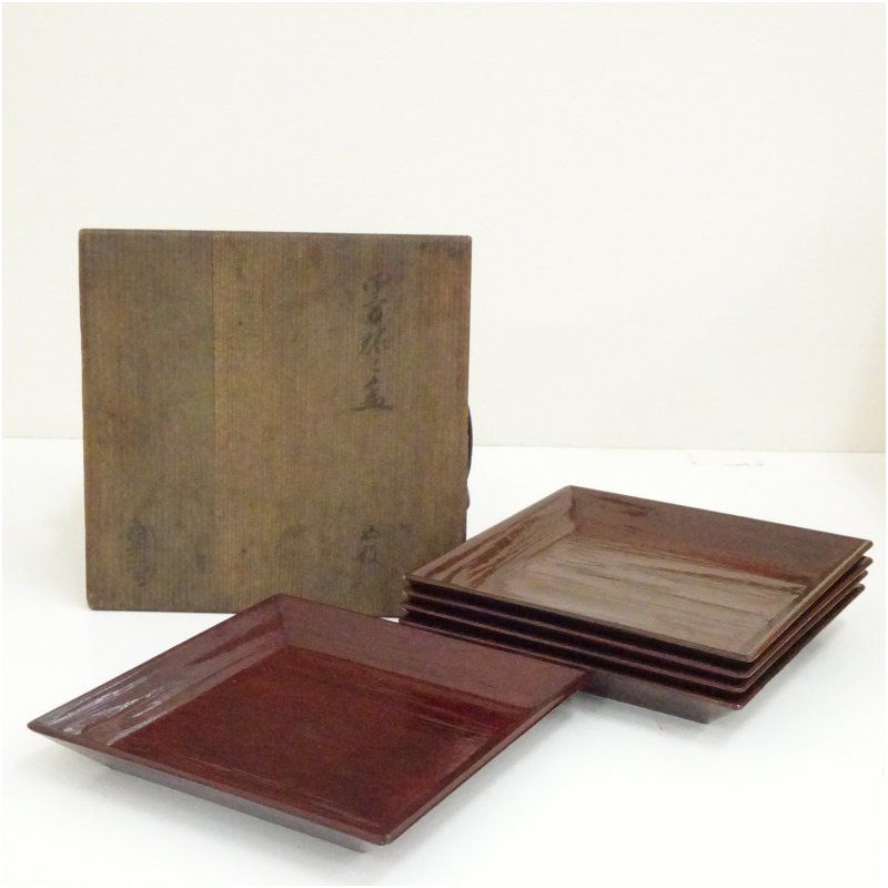 千家十職 飛来一閑造 漆塗四方銘々皿5客（共箱） 茶器 菓子器 おしゃれ