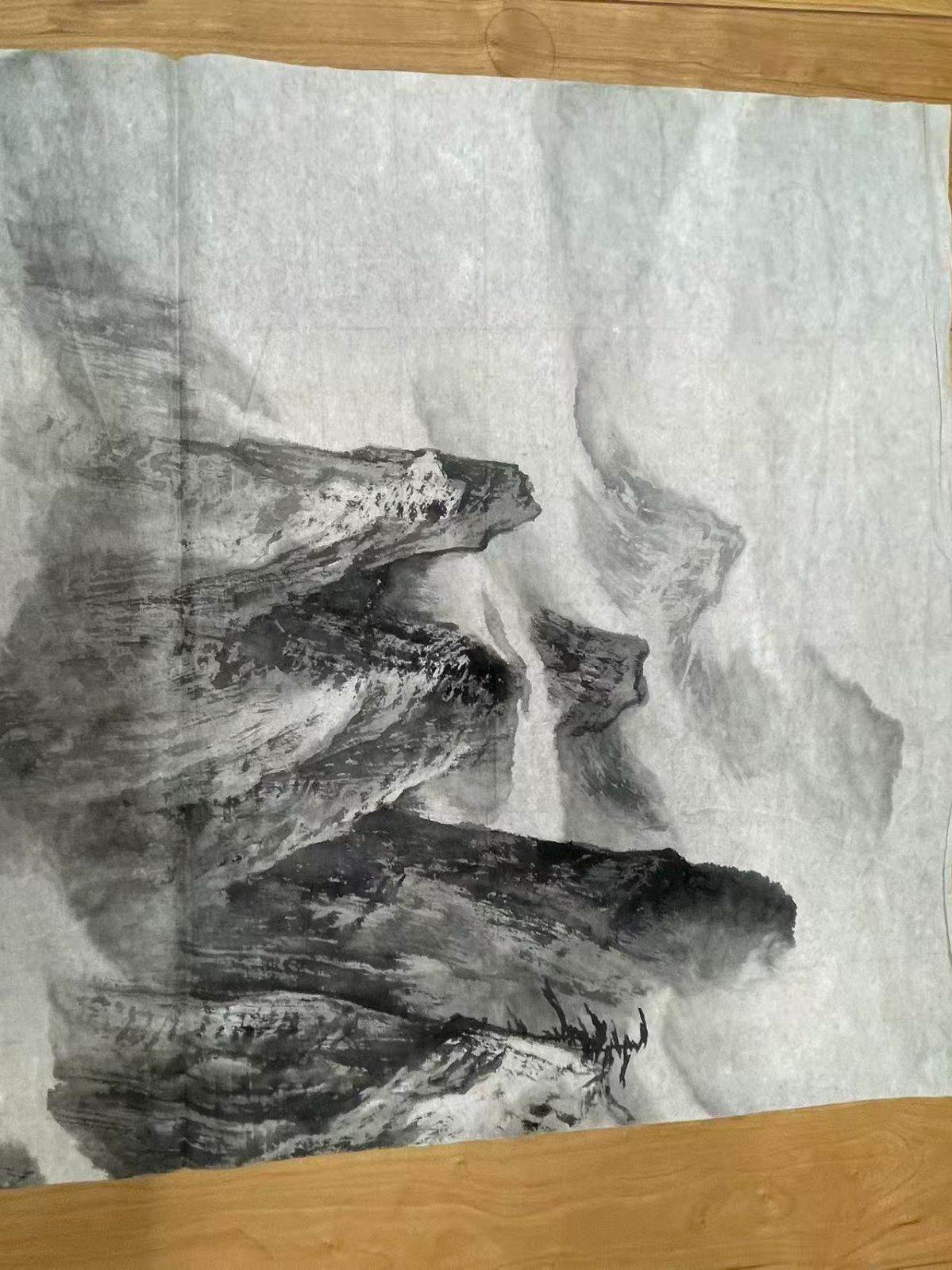 真作】樂震文 「中国当代画家 」黃山橫雲 画心 落款あり 中国美術 水墨