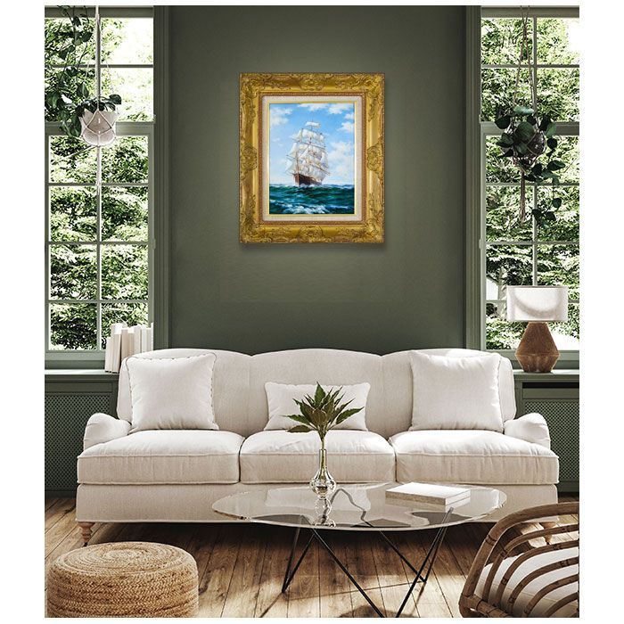 絵画 油彩画 F6号「帆船」手描き 額付き 油絵 肉筆 海洋画 風景 開運