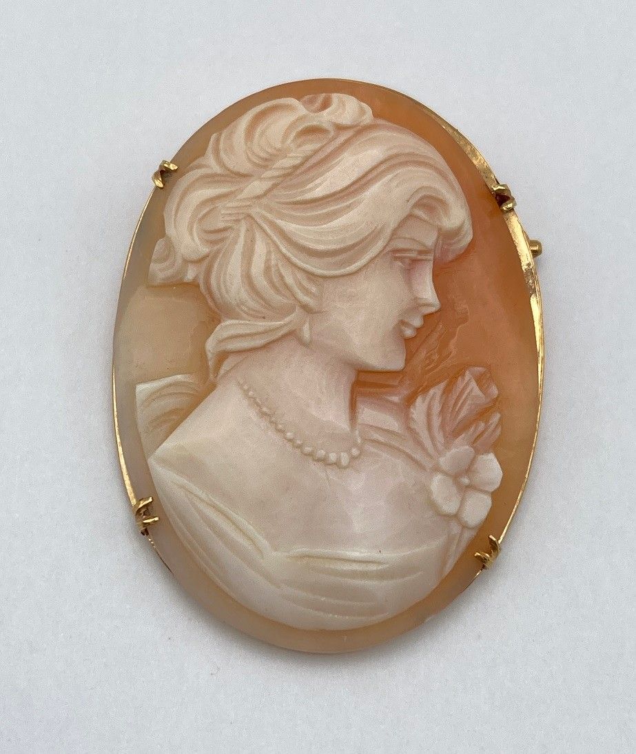 K18 シェルカメオ ブローチ ペンダントトップ 女性の横顔 中古 D4
