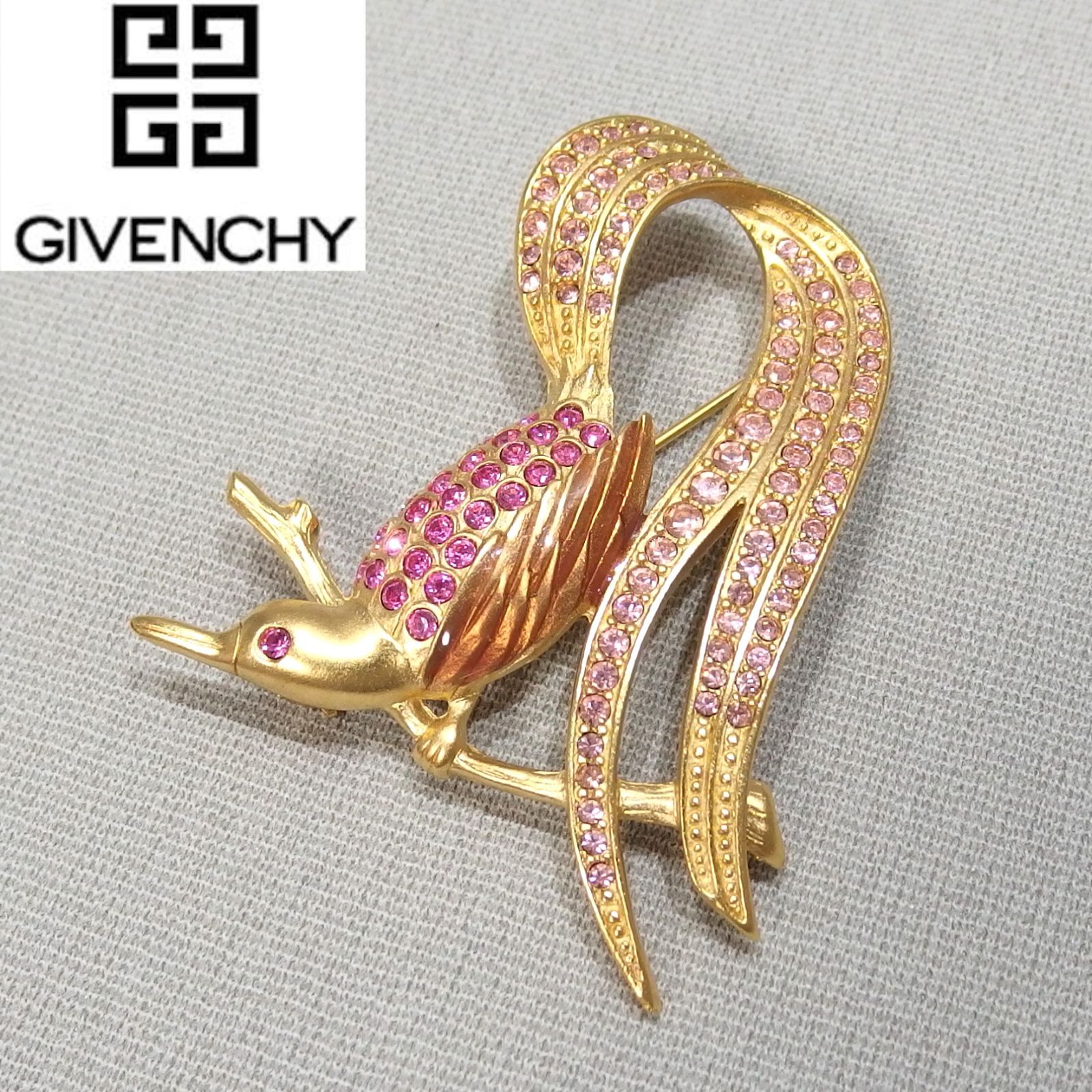 美品☆GIVENCHY 鳥モチーフ ピンクストーン ブローチ ゴールド バード