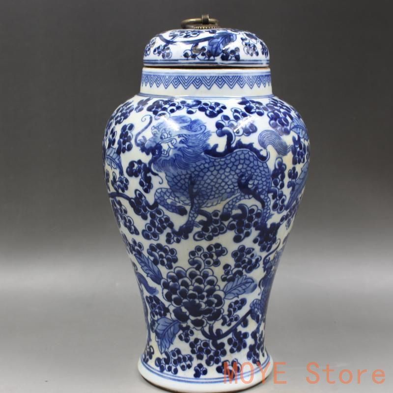 清同治青花穿花麒麟紋茶蓋缶 景徳鎮 陶磁器 装飾品 現代工芸品 美術品