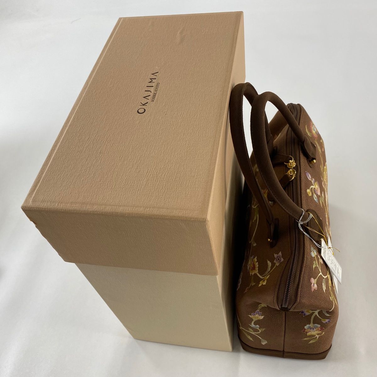 和装バッグ 美品 逸品 OKAJIMA 共箱付き 象 花唐草 金彩 茶色 正絹