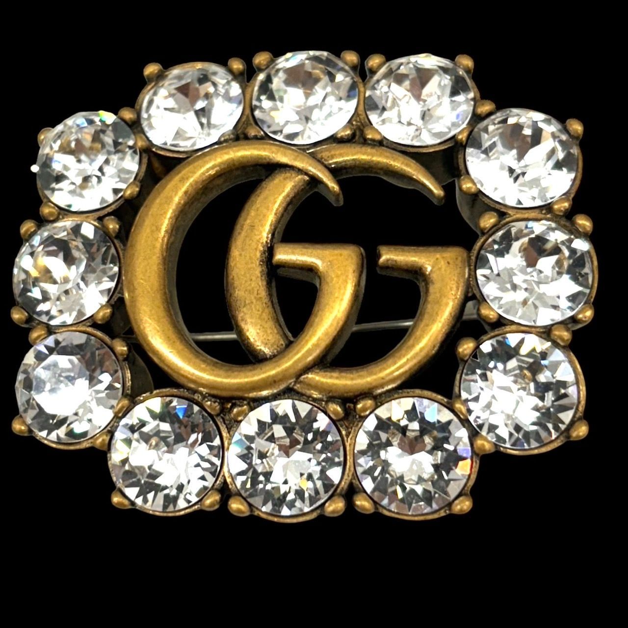 GUCCI グッチ ブローチ GGマーモント GG柄 ラインストーン クリスタル