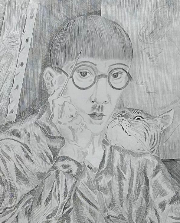 藤田嗣治『猫と自画像』銅版画(カルコグラフィー) - メルカリ