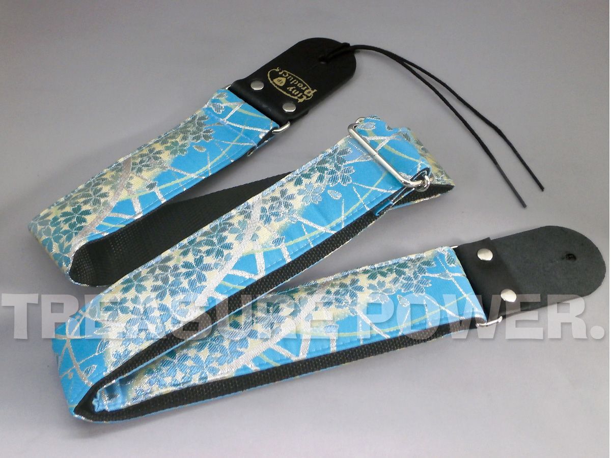 和柄ギターストラップ 桜/空色-銀 京都西陣織 金襴生地使用 tiny